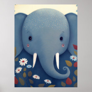 Whimsical Olifant en Bloemen Poster