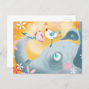 Whimsical Olifant en Vogel Briefkaart