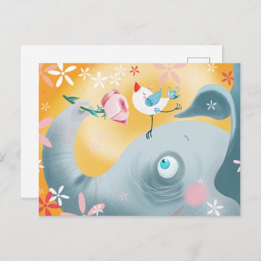 Whimsical Olifant en Vogel Briefkaart (Voorkant / Achterkant)