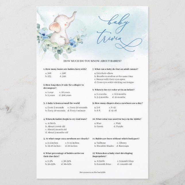 Whimsical olifant stoffig blauw Baby Trivia spel (Voorkant)