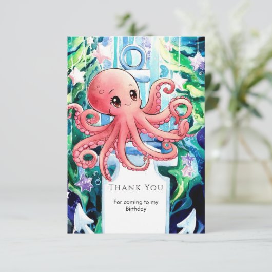 Whimsical Onder het Zee Octopus Verjaardag Bedankkaart (Staand voorkant)
