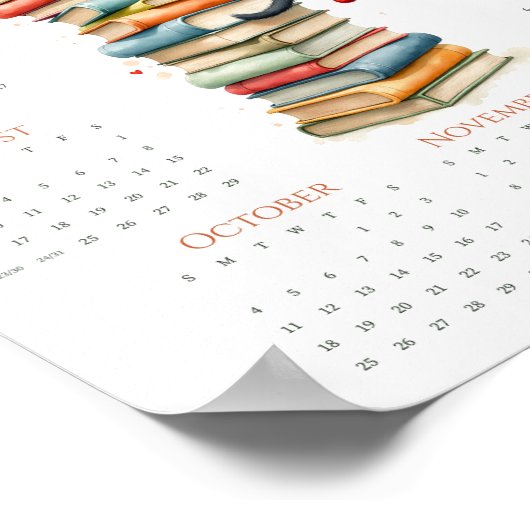 Whimsical One-Page 2026 Cat & Book Stack Calendar Poster (Hoek)