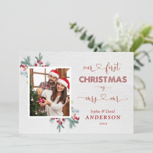 Whimsical onze 1e kerst als mijnheer & mevrouw scr kaart (Staand voorkant)