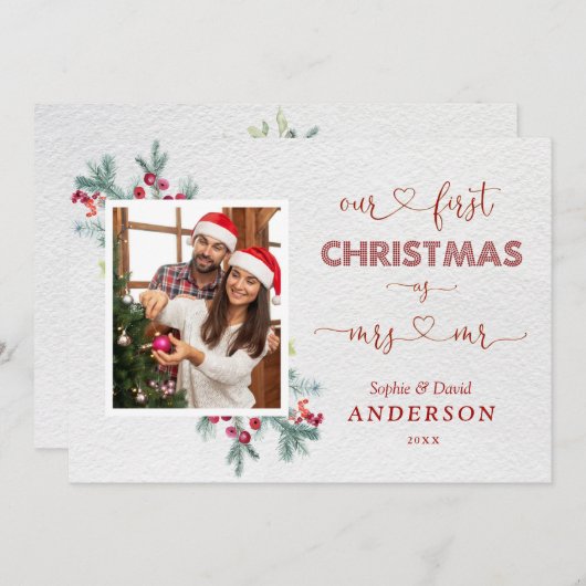 Whimsical onze 1e kerst als mijnheer & mevrouw scr kaart (Voorkant / Achterkant)