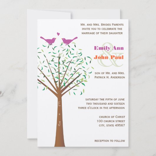 Whimsical Oranje and Fuchsia Love Bird Tree Invite Kaart (Voorkant)