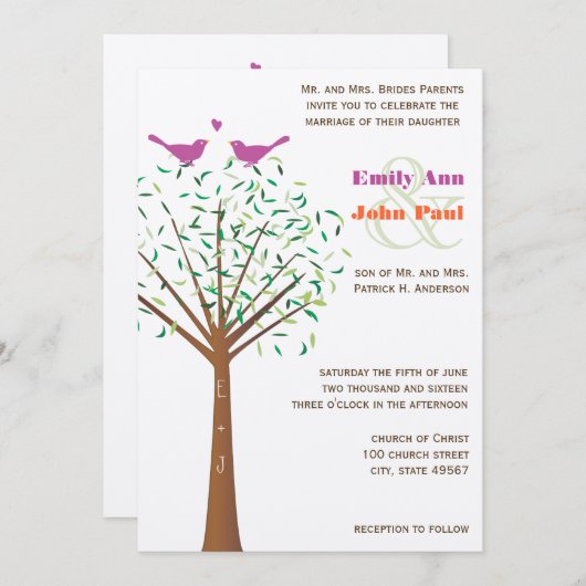 Whimsical Oranje and Fuchsia Love Bird Tree Invite Kaart (Voorkant / Achterkant)
