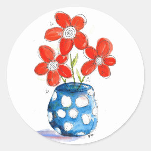 Whimsical Oranje Flowers in Blue Vase Ronde Sticker