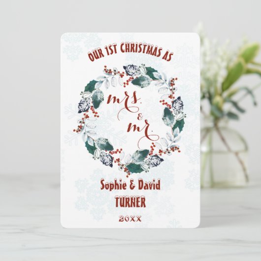 Whimsical Our First KerstWinter Wreate Feestdagenkaart (Staand voorkant)