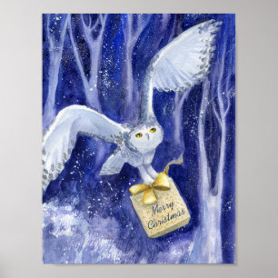 Whimsical Owl Kerstblauw-violet waterverf Poster