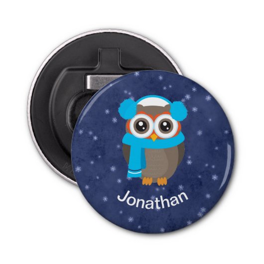 Whimsical Owl met Earmuffs op Snowy Blue Button Flesopener (Voorkant)