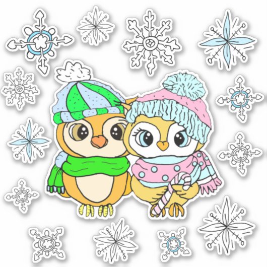 Whimsical Owles Couple en Snowflakes Sticker (Voorkant)