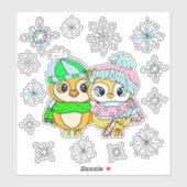 Whimsical Owles Couple en Snowflakes Sticker (Vel)