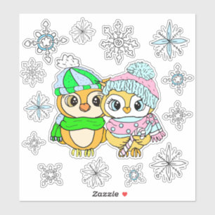 Whimsical Owles Couple en Snowflakes Sticker