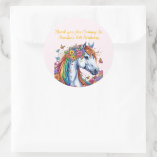 Whimsical Paard Regenboog Bloemen Ruitersport Verj Ronde Sticker