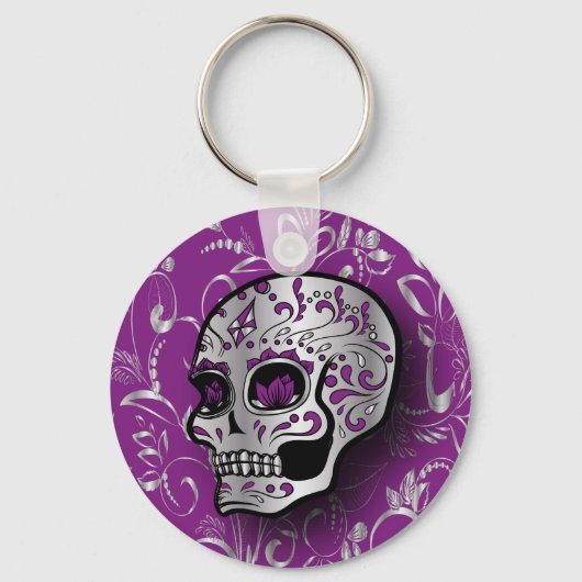 Whimsical Paars and Silver Sugar Skull Sleutelhanger (Voorkant)