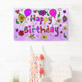 Whimsical Paars en Roze Happy Birthday Girl's Ba Spandoek (Insitu)