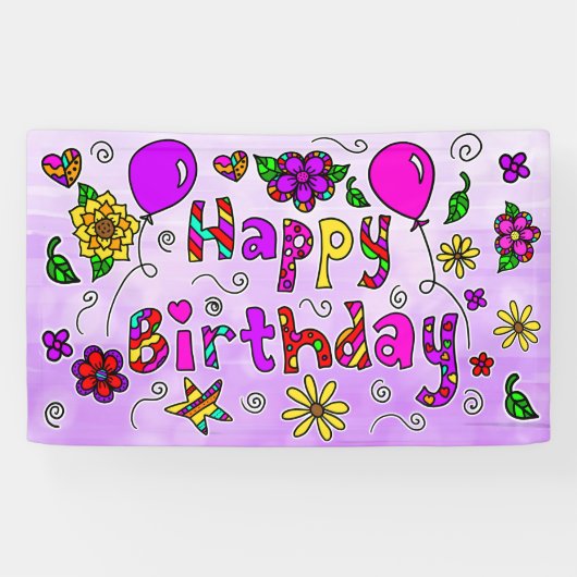 Whimsical Paars en Roze Happy Birthday Girl's Ba Spandoek (Horizontaal)
