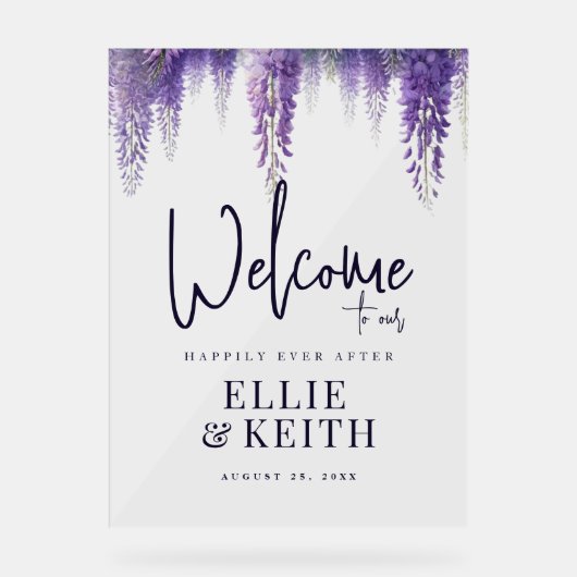 Whimsical Paarse Bloemen Huwelijk Welkom Acryl Bord (Voorkant)