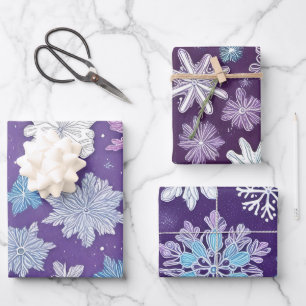 Whimsical Paarse en Blauwe Sneeuwvlokken Kerstmis Inpakpapier Vel