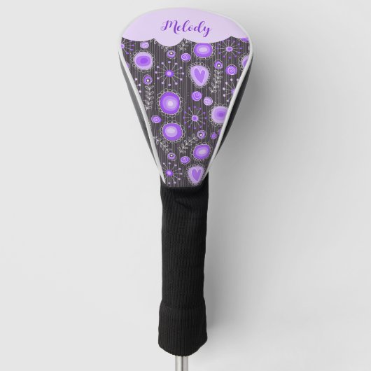 Whimsical paarse grijze hart en bloem bloemige naa golfheadcover (Voorkant)