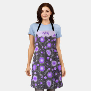 Whimsical paarse grijze hart en bloem bloemige naa schort