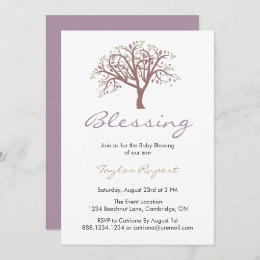 Whimsical Paarse Tree Baby Blessing Kaart (Voorkant / Achterkant)