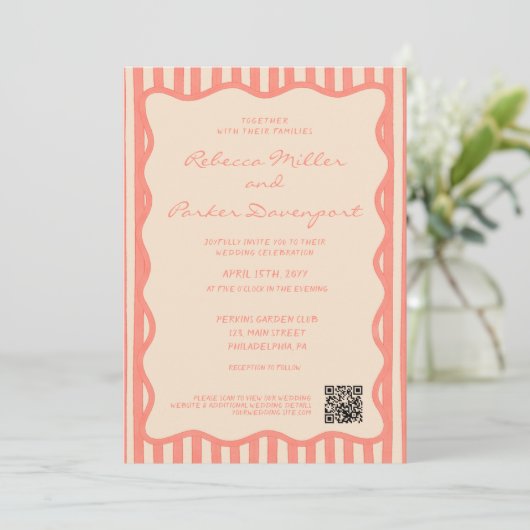 Whimsical Painted Pinstripes Wedding QR Code Kaart (Staand voorkant)