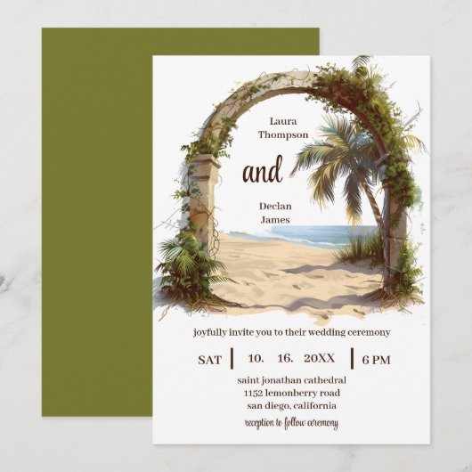 Whimsical Palm Tree Tropical Boho Beach Bruiloft Kaart (Voorkant / Achterkant)