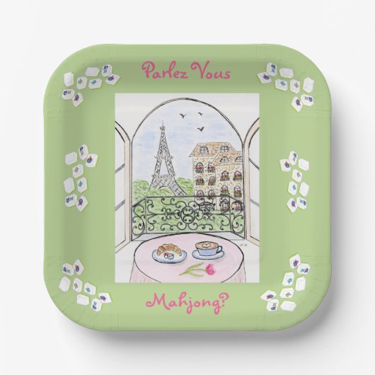 Whimsical Paris and Eiffel Tower Parley MAHJONG Papieren Bordje (Voorkant)