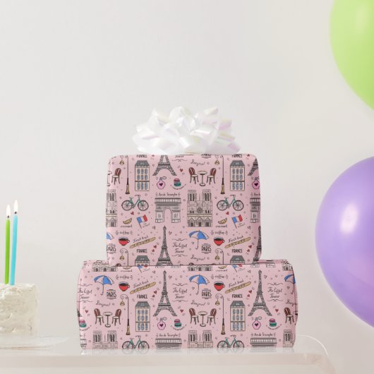Whimsical Paris Doodles Pink Wrapping Paper Cadeaupapier (Feestgeschenken)