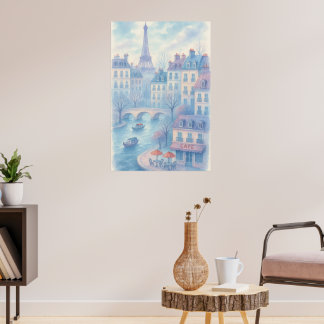 Whimsical Paris Watercolor Cityscape Poster