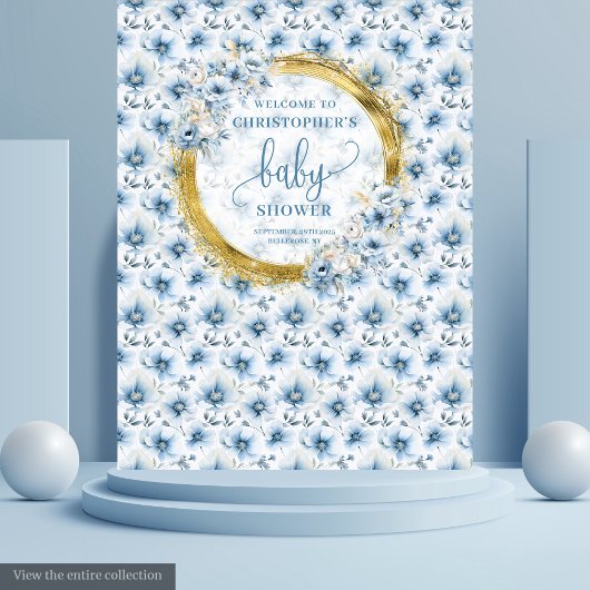 Whimsical Pastel Blue Gold Baby shower Achtergrond Wandkleed