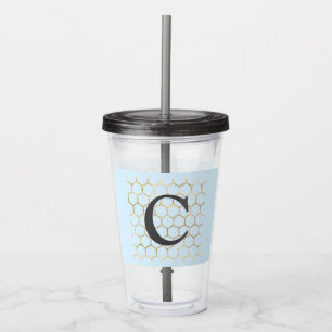 Whimsical Pastel Blue Hexagon Modern Monogram Acryl Drinkbeker