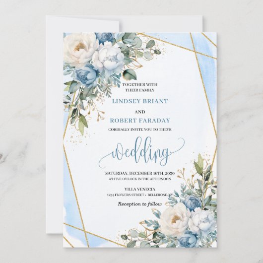 Whimsical Pastel Blue Sage Gold Flowers Invitation Kaart (Voorkant)