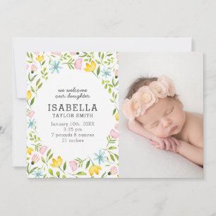 Whimsical Pastel Flowers Baby Foto Geboorte Aankondiging