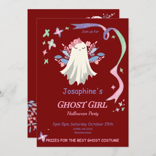 Whimsical Pastel Ghost Girl Halloween Invitation d (Devant / Derrière)