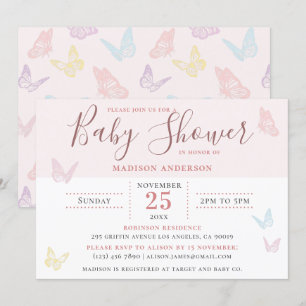 Whimsical Pastel Pink Butterfly Girl Baby shower Kaart