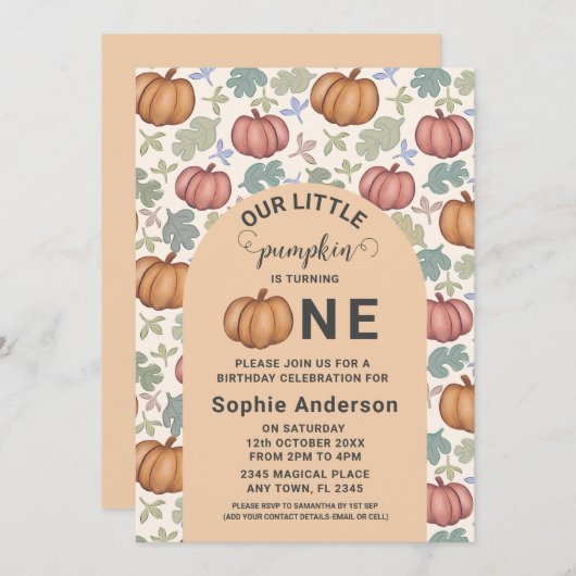 Whimsical Pastel Pompoen Eerste Verjaardagsfeest Kaart (Voorkant / Achterkant)