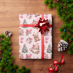 Whimsical Pastel Roze Kerstpatroon – Sneeuwmannen Cadeaupapier