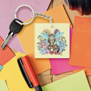 Whimsical Pastel Tabby Feeënkat Bloemrijke Fantasi Sleutelhanger