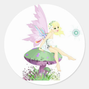 Whimsical pastel tuin fee zittend op paddestoel ronde sticker
