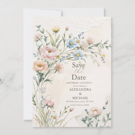 Whimsical Pastel Wildflower bruiloft Save The Date (Voorkant)