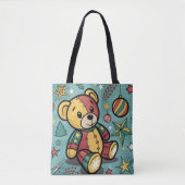 Whimsical Patchwork Kerst Teddybeer Draagtas (Voorkant)