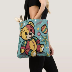 Whimsical Patchwork Kerst Teddybeer Draagtas