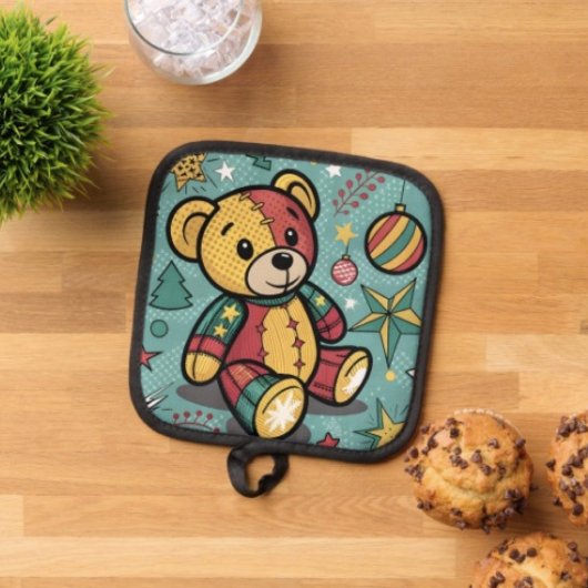 Whimsical Patchwork Kerst Teddybeer Pannenlap