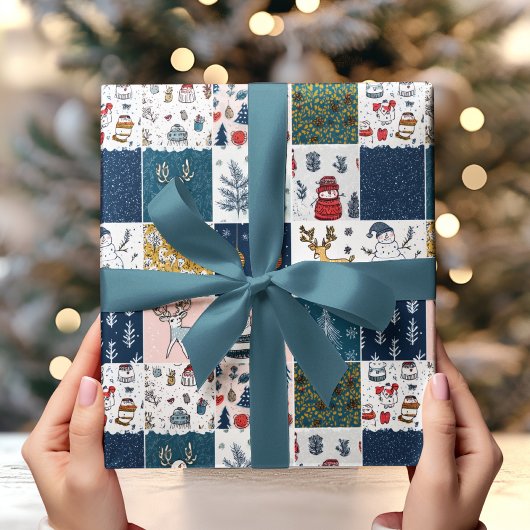 Whimsical Patchwork Kerstmis Cadeaupapier