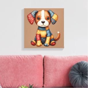 Whimsical Patchwork Puppy Cottagecore Folk Art Canvas Afdruk