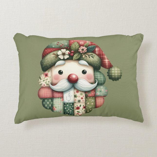 Whimsical Patchwork Santa Folk Christmas Accent Kussen (Voorkant)