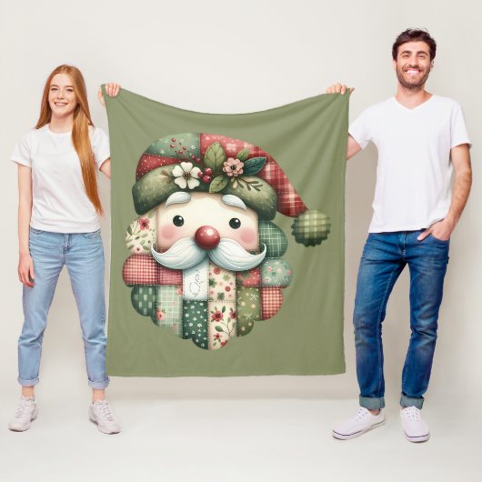 Whimsical Patchwork Santa Folk Christmas Fleece Deken (In situ)
