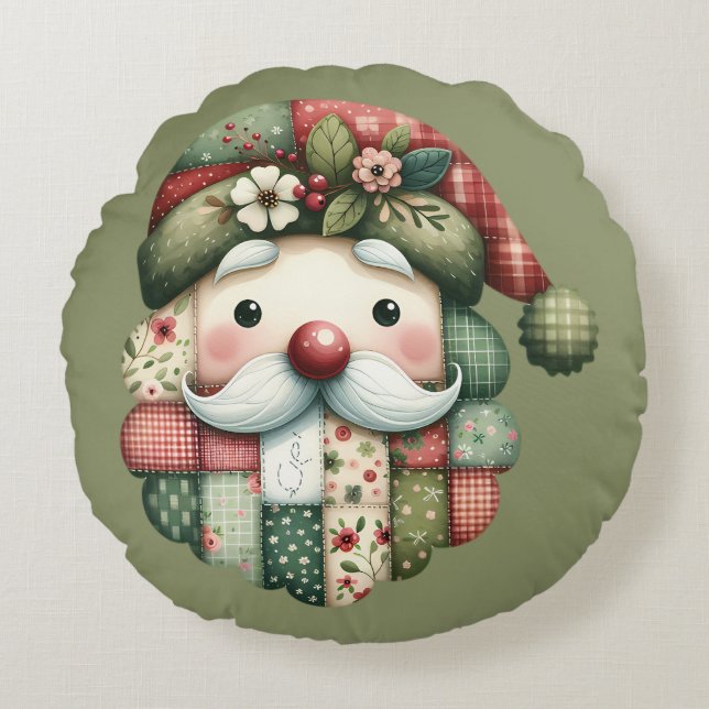 Whimsical Patchwork Santa Folk Christmas Rond Kussen (Voorkant)